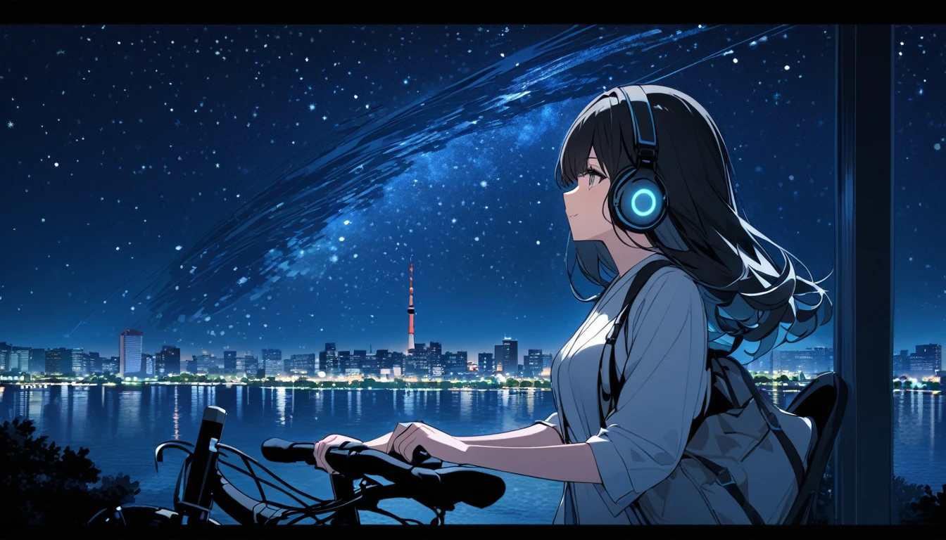 a beautiful young japanese woman with long black hair cycling through a park in tokyo at night, starry night sky, cityscape, listening to music