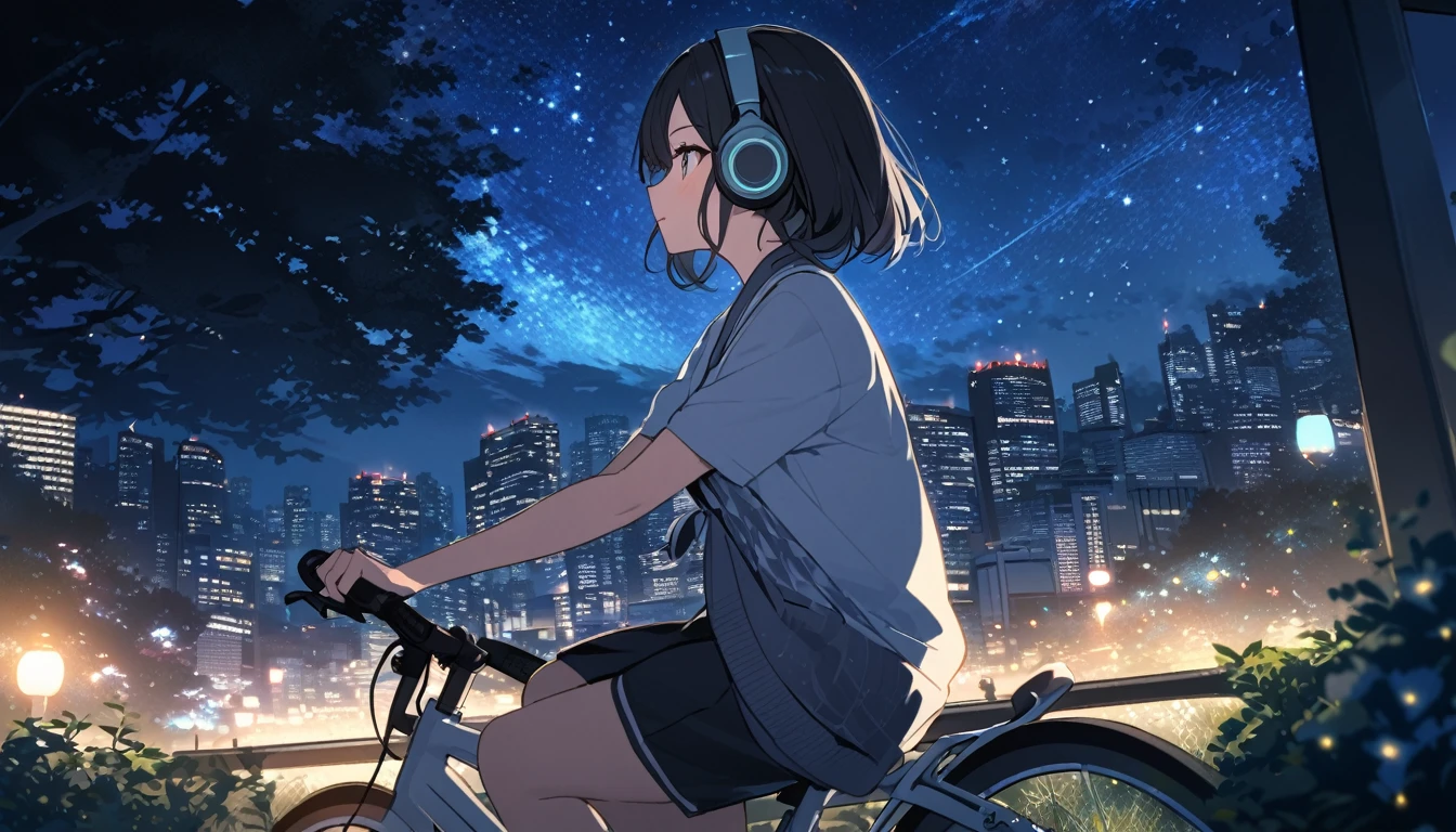 a beautiful young japanese woman with long black hair cycling through a park in tokyo at night, starry night sky, cityscape, listening to music