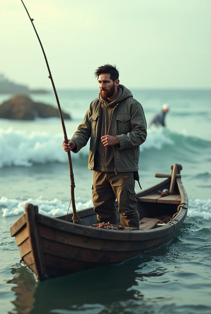 Messi as a poor fisher.fishing with boat