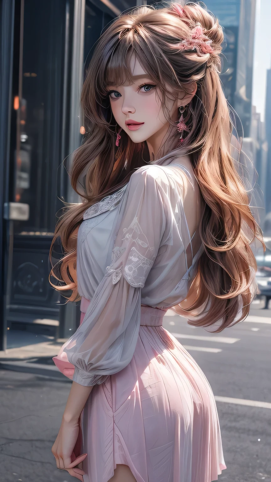 (New York Cityscape)、Highest quality、masterpiece、Ultra-high resolution、reality、Portrait、Elegant mature woman、blue eyes、Long Hair、Side bangs、(Translucent pink dress、mini skirt)、4K resolution、High-quality CG、Feminine pose、Fair、(The wind blows up my skirt)、