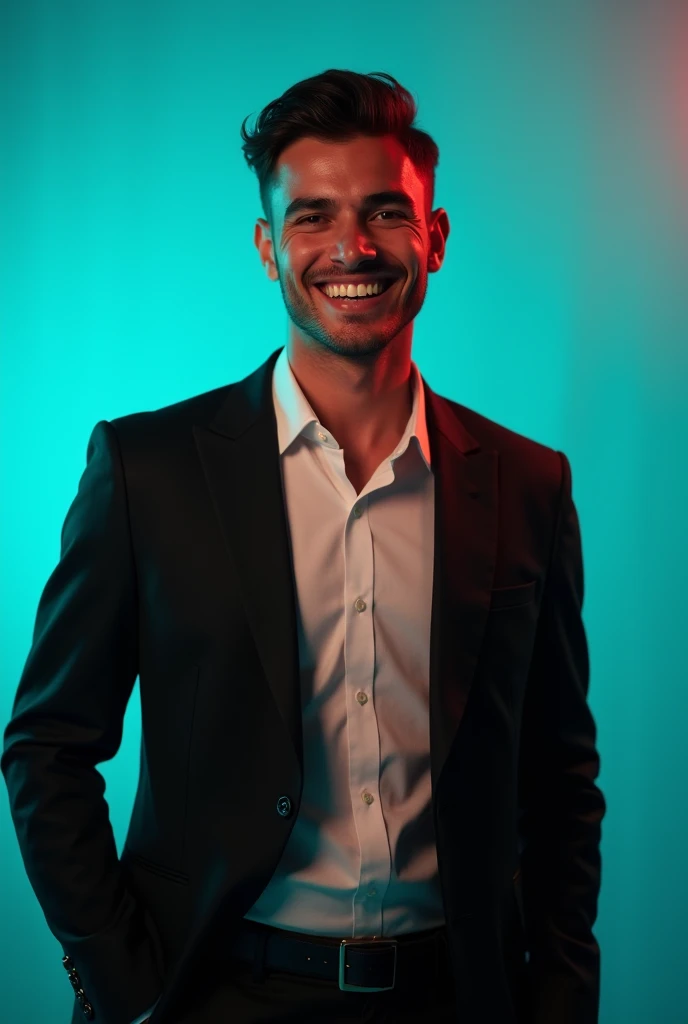 A young Man With Dark hair and a confident smile He is Dressed in a black blazer over a white shirt The man is positioned against aqua colour backdrop with a subtle red lighting on t
