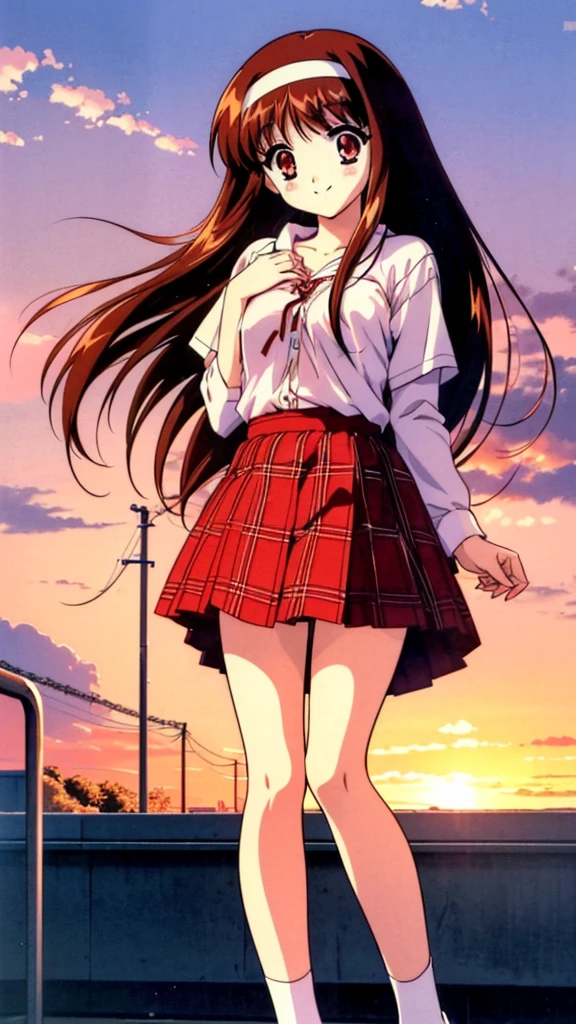 Yuki Mizuho, One person, a woman, Long Hair, hair band, Brown Hair, Red eyes, skirt, Red eyes, (shirt formal,white), ribbon, Plaid skirt, socks, shoes, retro artstyle, red skirt masterpiece, 1990s (style), expensive quality, very_expensive_solve, big_file size, Full Color, blush, Cute Smile Open your mouth, Are standing,(Winter Night、With the sunset and the fence behind、Receiving a confession on the school rooftop。I got closest to that smile:1.1), (Place your hands on your chest:1.3), Two Arms, (cinematic angle:1.1),