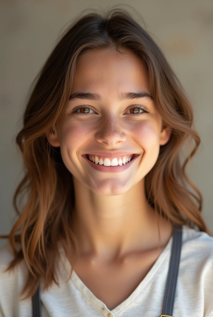 A 16-year-old Uruguayan girl named Melany, She is smiling very happily because it is represented in the image that she has just found out that she is going to be part of a series called “Puzzle” and that she will be the protagonist. He has light brown hair, brown eyes and fair skin.