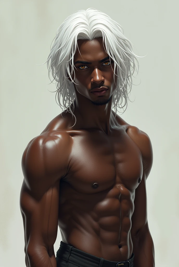 26 year old man with height of 192 cm, athletic body, black skin, Waist-length white hair, yellow eyes who likes to cook