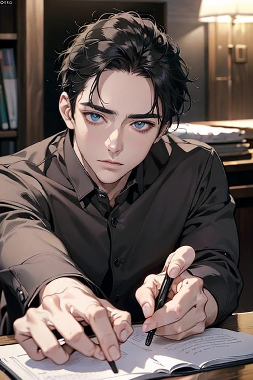 (Best Quality,4k,8k,high resolution,Masterpiece:1.2),ultra detailed,(realist,photorealist,photo-realist:1.37),1 man,31 years,mature man,very handsome,without expresion,muscled body,short gray black hair,Blue eyes,glare,perfect face without mistakes,imposing posture,businessman,office background,cinematic lighting,imagen HDR