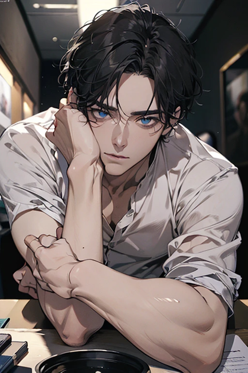 (Best Quality,4k,8k,high resolution,Masterpiece:1.2),ultra detailed,(realist,photorealist,photo-realist:1.37),1 man,31 years,mature man,very handsome,without expresion,muscled body,short gray black hair,Blue eyes,glare,perfect face without mistakes,imposing posture,businessman,office background,cinematic lighting,imagen HDR