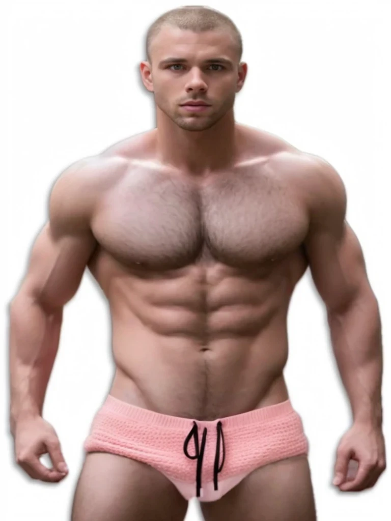 -v5.3 - raw style. Full-length photo of Man. In focus and close-up of face and chest covered with thick hair.
2, Russian fitness model of men's underwear, no beard on her face, angelically beautiful, masculine face. Short haircut on her head, hair of russet color.
Athletic physique, thin waist, athletic breasts and iron abs.
She's wearing short thong panties.
Studio light, magazine photos, ultra detailed, 16K, HD, 8K. -style raw -ar 9:16 -stylize 2500000