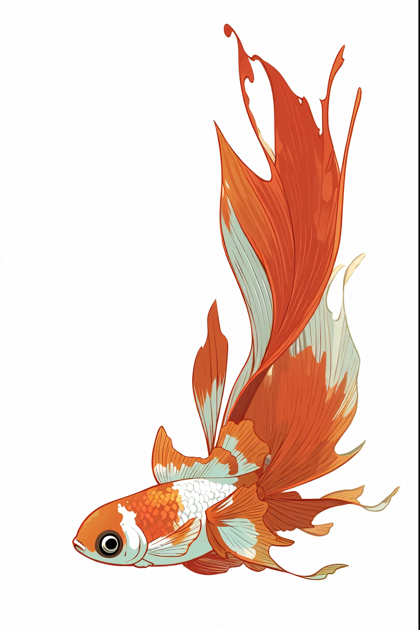 betta fish, stylized digital illustration, red scales on his back, in style of digital illustration, digital illustration, detailed digital illustration, rendered illustration, a beautiful artwork illustration, hd illustration, digital art illustration, digital drawing, artistic illustration, a close up of a spotted goldfish with short body and long red tail and a white background, a fish with relative to its tail with flame effect, red fire effects, red Fire, a drawing of a fish with thick outlines, thick drawing outlines, moor goldfish, anime style, white scales, compact body fish, big belly goldfish, round body goldfish