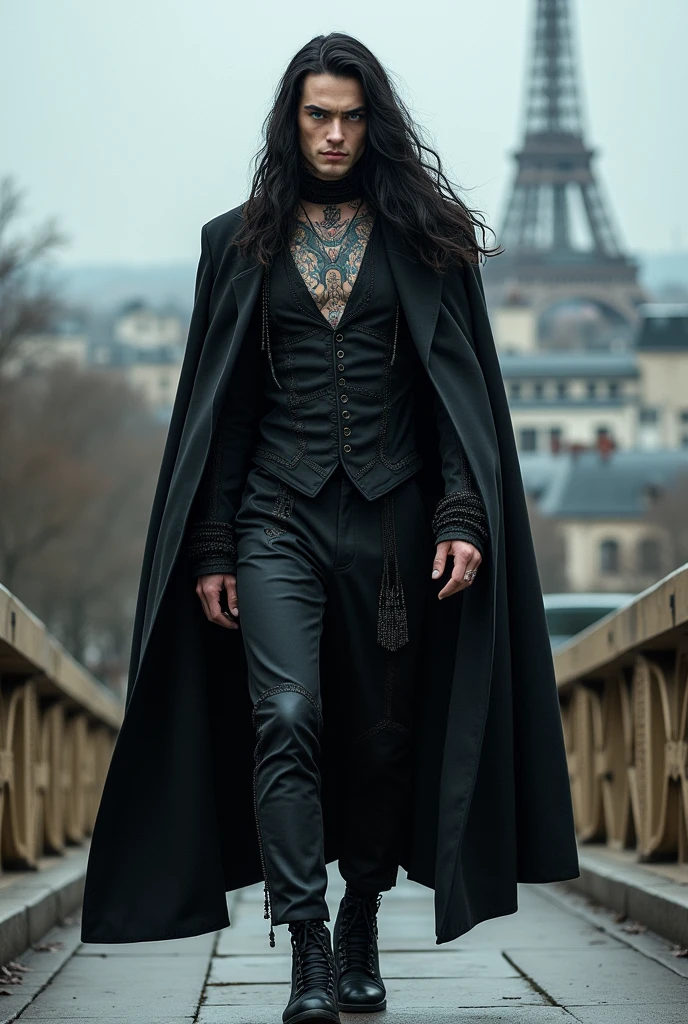 ((a man of 30, tatuados, very long black hair, wearing gothic victorian clothes, with blue eyes, similar to Andy Black from the band )),((hyperheal)) posing like a model, ((no tattoo on face)). ((Full body walking on a bridge in Paris)).