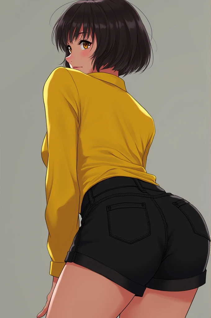 Sadayo kawakami, bedroom, almost nude, yellow sweater, shirt lift, from behind, standing 