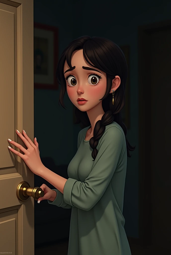 Sarah opening the door slowly, her hand trembling. Look like a cartoon animation realistic general