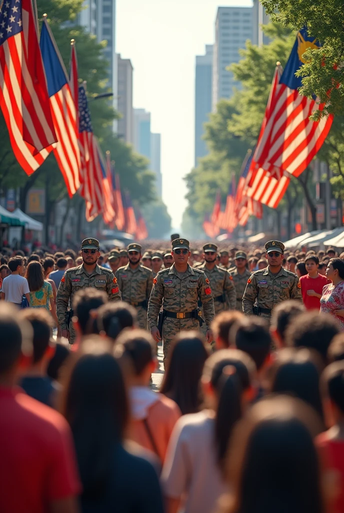 (photorealism:1.2), malaysia independence day, crowded people with a lineup of soldier