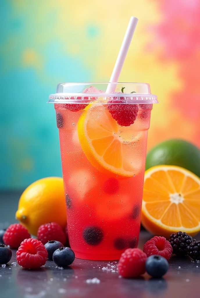 Make me a refreshing fruit soda background for business in a plastic cup with a lid and straw