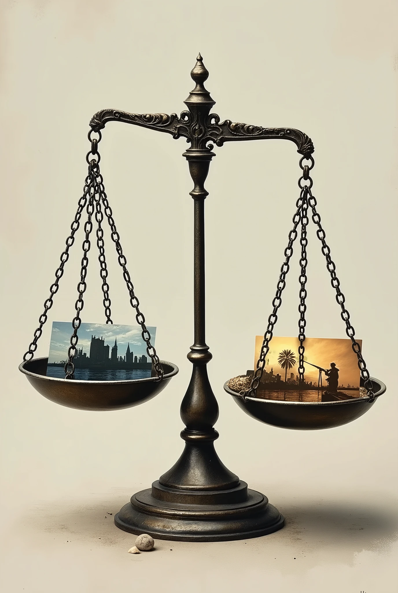 A scale with two pans, one with a historical situation and another with a current situation, both connected by a chain of analogies:
 French Revolution, 
second World War, 
Cold war.
2008 financial crisis, 
Iraq War, 
climate change.

