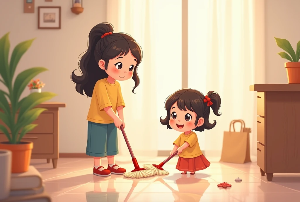 a cartoon image of a mother and daughter cleaning the floor with a mop and, by Qiu Ying, a cartoon, cute cartoon, cute cartoon style, motherly, cute illustration, clean anime art, ghailan!
