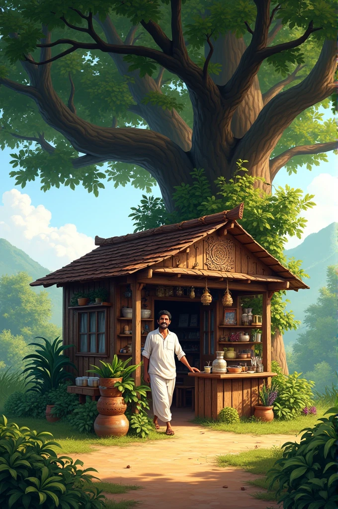 Kerala style tea shop in right side on a big tree