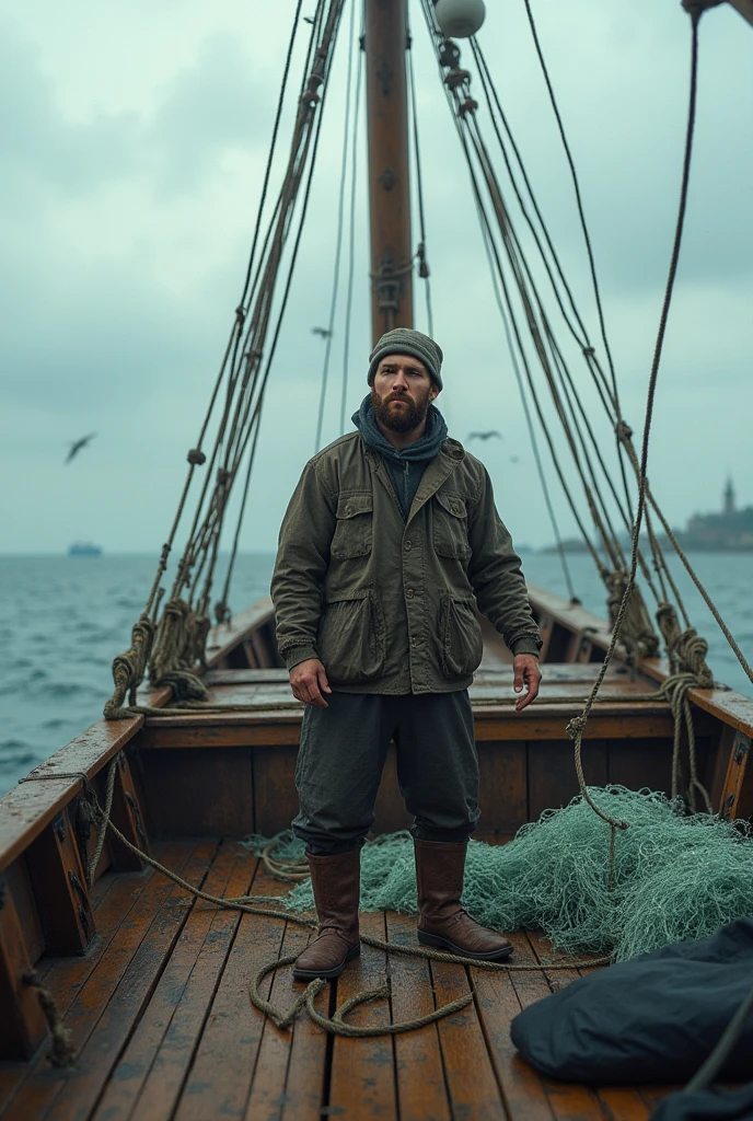 Messi as a poor fisher.fishing with a big boat in the middle of the sea.