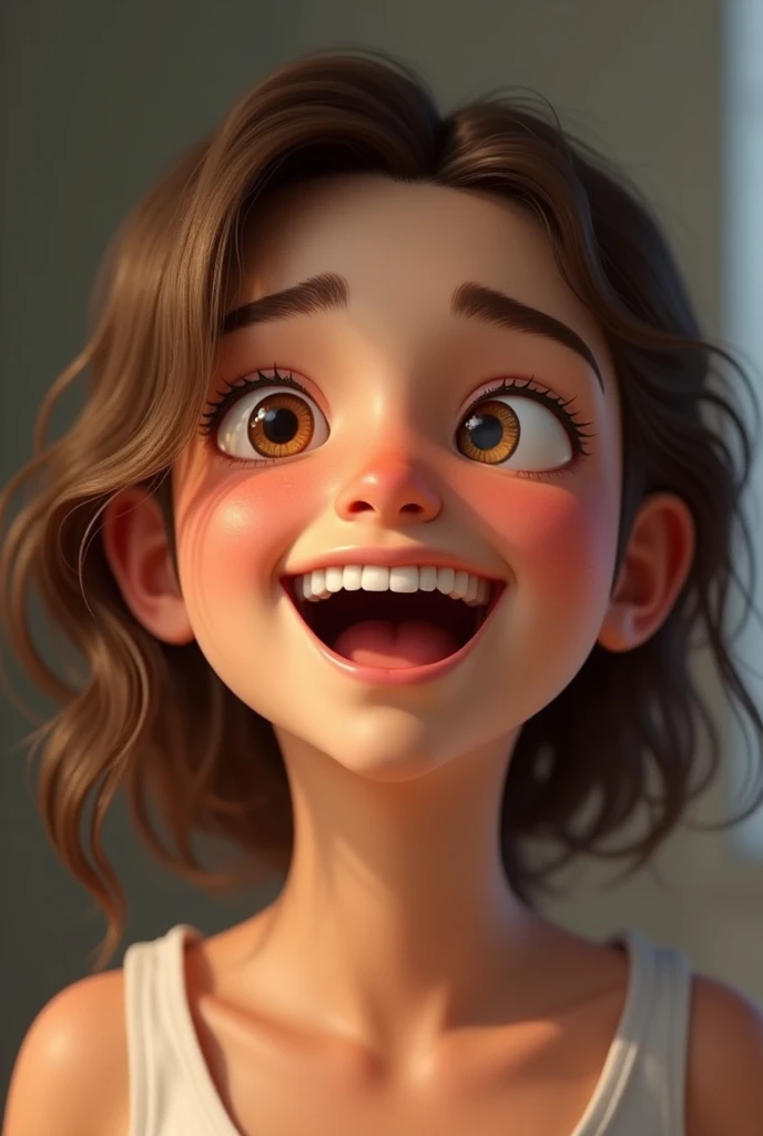 A Uruguayan girl named Melany, She is smiling very happily because it is represented in the image that she has just found out that she is going to be part of a series called “Puzzle” and that she will be the protagonist. He has light brown hair, brown eyes and fair skin. What I said about the series is represented in the image