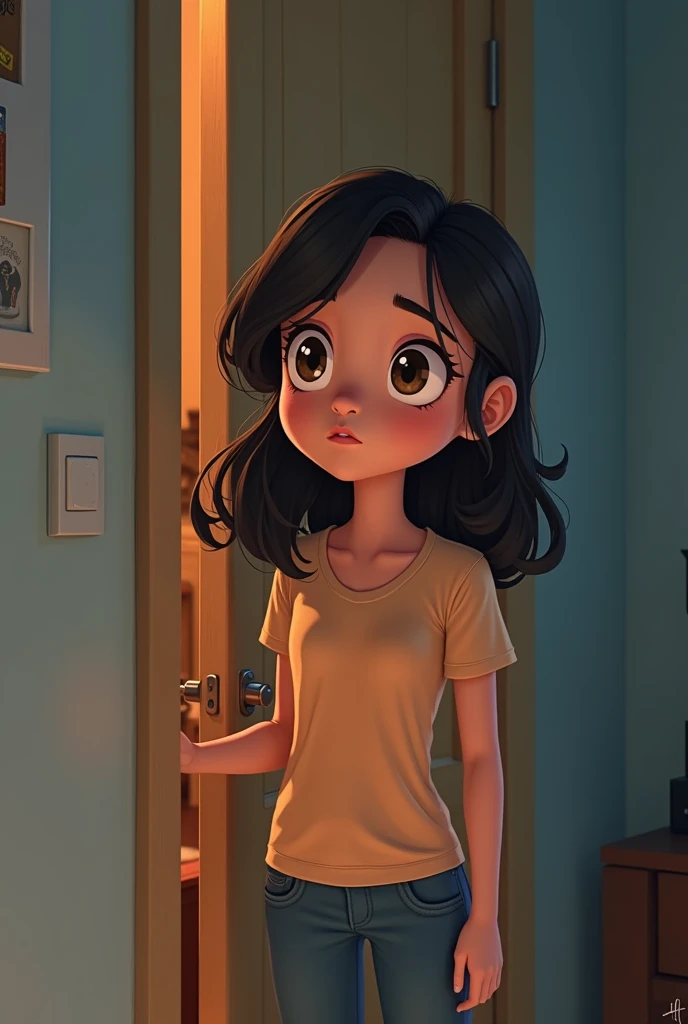Sarah opening the door slowly, her hand trembling. Look like a cartoon animation realistic general 2d