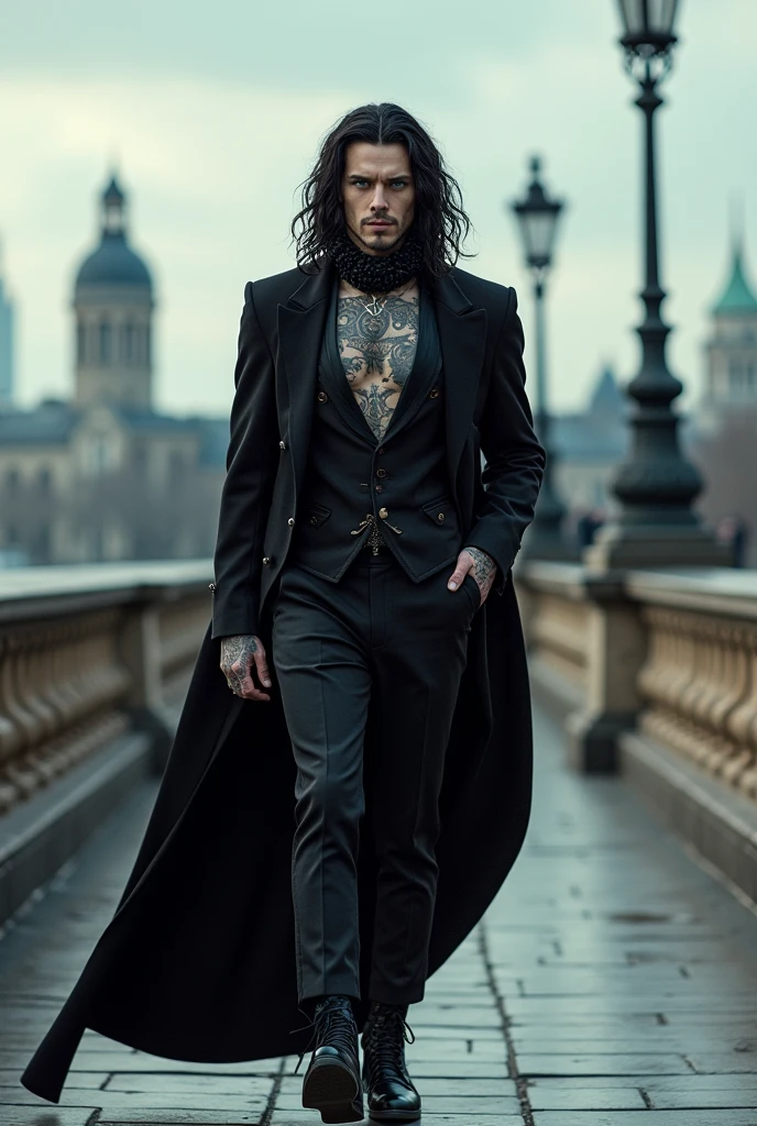((a man of 30, tatuados, very long black hair, Wearing Gothic clothes, with blue eyes, similar to Andy Black from the band )),((hyperheal)) posing like a model, ((no tattoo on face)). ((Full body walking on a bridge in Paris)).