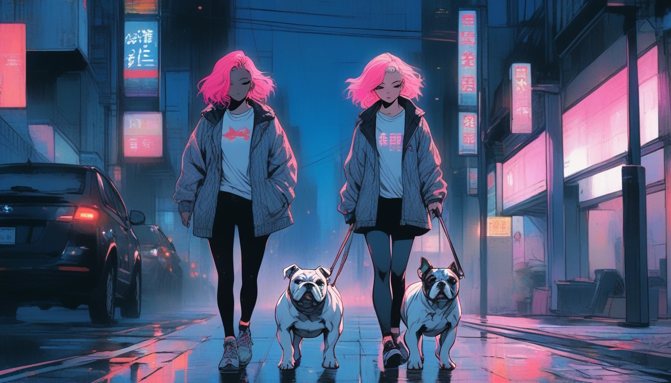 Illustrator, anime , Realistic ,sketch , City、Adult woman walking with cute bulldog puppy,Beautiful and well-proportioned face, A melancholy expression,lip, nail、T-shirt,order,Textured Trim, (masterpiece,Highest quality) , Neon Hair,Textured Trim, Canadian, (masterpiece,Highest quality) Cancer,night、Dark Eyes,