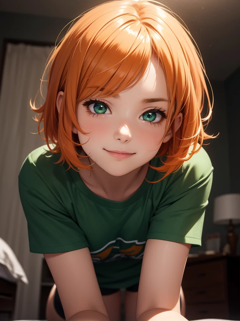 super high image, super detail, super high resolution, looking up from below, cute 18 year old girl, crawling on all fours, facial close-up, skinny, small breasts, no cleavage, highly detailed face, moist shiny lips, grinning, mischievous, light-orange hair, messy wild short hair, green sparkling eyes, glossy dark eyeshadow, shiny skin, collar, t-shirt, night time, bedroom, bokeh, smoky, foggy, photographic