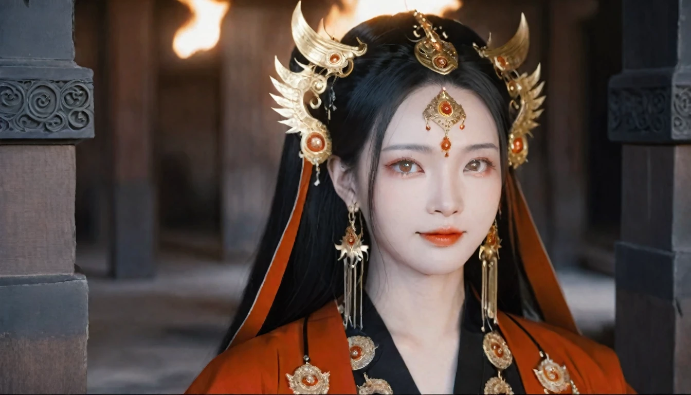 Concept art, fantasy theme, close-up shot, dramatic and highly detailed. A girl with long black straight hair and red eyes, wearing black armor and a red robe. She has a beautiful face and a perfect female figure, adorned with an earring. Her posture is alluring and prestigious, with a focus on her upper body as she looks into the distance with an evil laugh. The background features an indoor scene with ruins and fire, creating a mystical and intense atmosphere. High contrast lighting, Nikon camera, 100mm lens, F1.2 aperture.