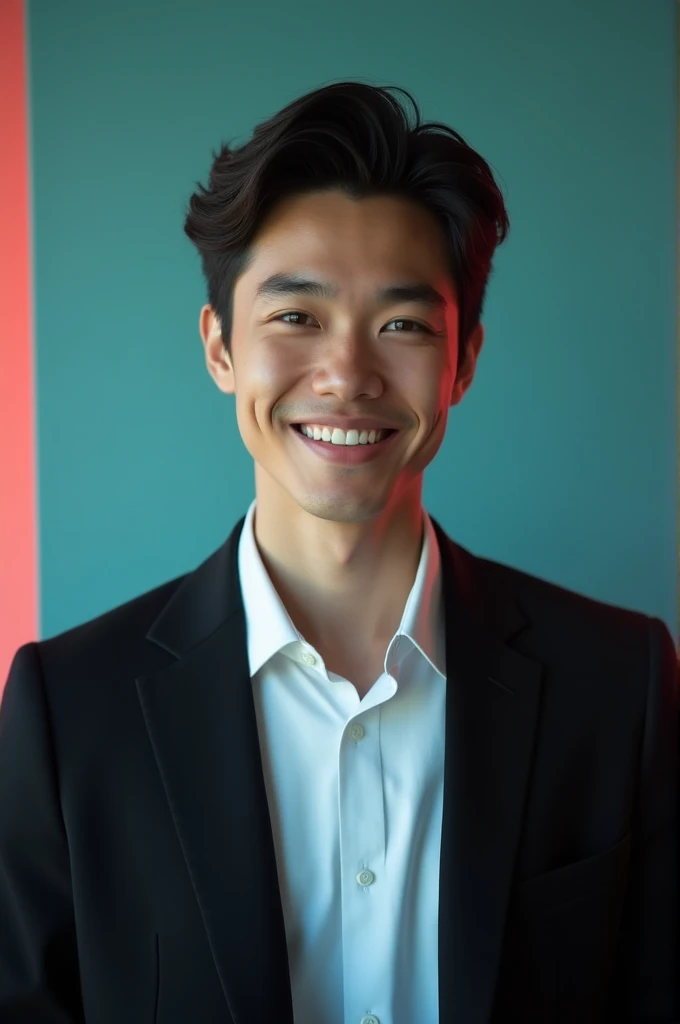 A young Man With Dark hair and a confident smile He is Dressed in a black blazer over a white shirt The man is positioned against aqua colour backdrop with a subtle red lighting on the left side and he posing for Linkedin profile