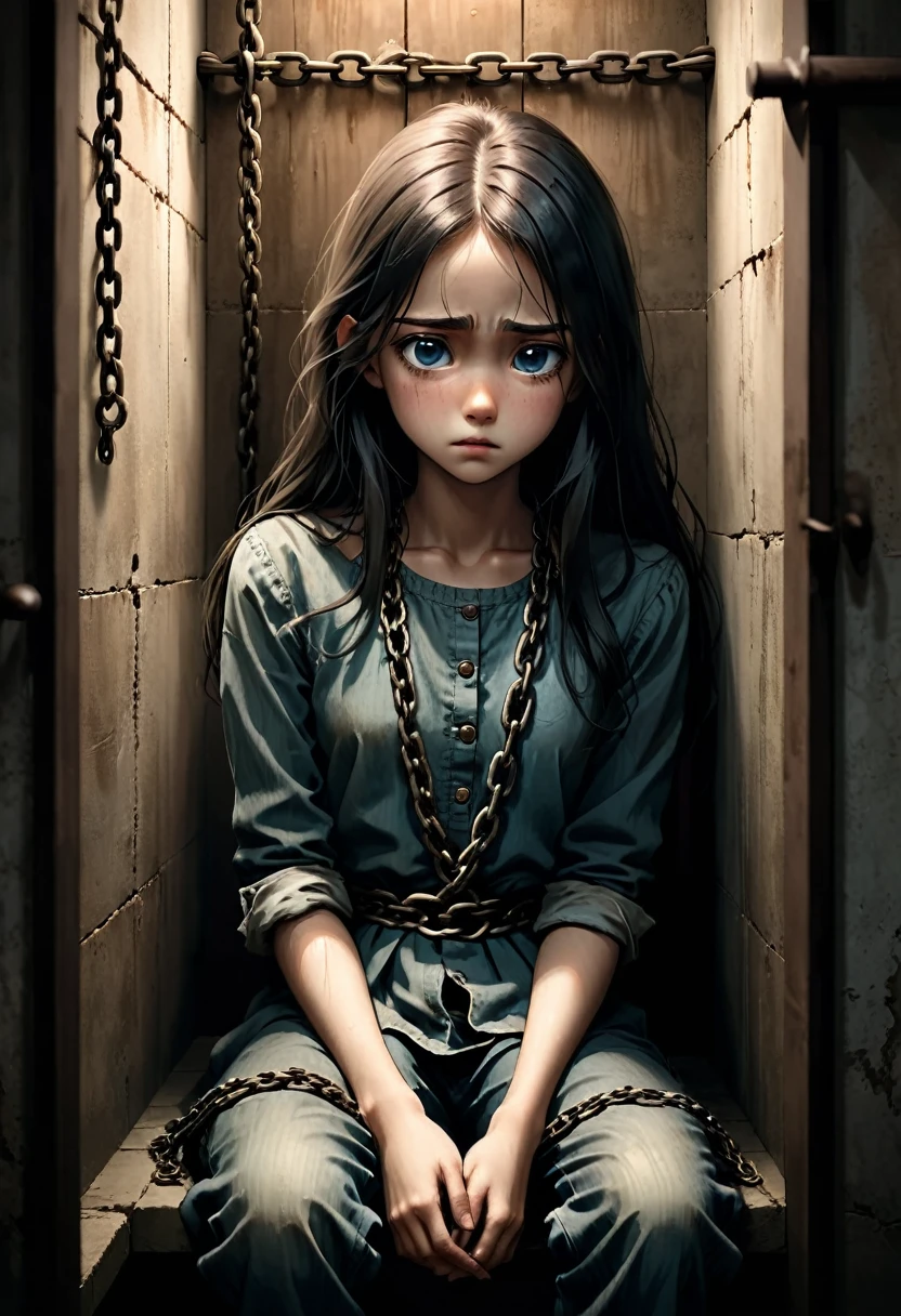 (((best quality))), (((ultra detailed))), (((masterpiece))), illustration,A girl sits in a dimly lit cell, (bound in heavy black chains:1.5), her long matted hair falling around her gaunt face. Her almond-shaped eyes are hollow and filled with sadness, once vibrant and full of life. She's wearing tattered clothes, once blue but now faded and stained. Her pants are loose on her emaciated frame. The cell is small and dingy, with stone walls and a concrete floor, a small barred window letting in faint light. The air is musty and rotting, but the girl sits with a calm resignation, her head bowed, hands in her lap, a flicker of defiance in her eyes. It's a chilling and disturbing scene, but also one of strength and resilience, a reminder of the human spirit's ability to endure