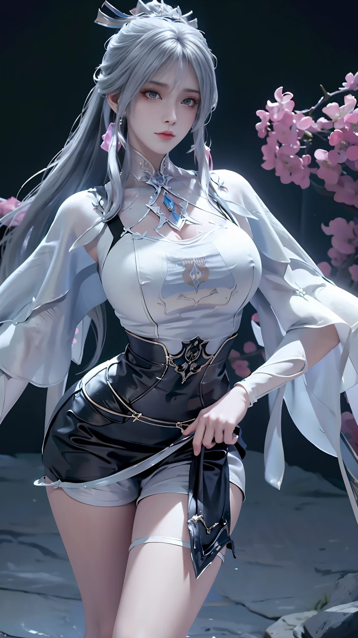 White hair、 Close-up, Beautiful character painting, Guweiz, Gurwitz style artwork, White-haired goddess, Epic and beautiful character art, Stunning character art, Single ponytail, humiliation, High Ponytail, Tall and big, Legs long, (sleeveless lace shirt), (shorts), (Striped )), ((Striped )), Walking, graceful, dignified, Miss, Beautiful curves, sweet smile, Strong sense of detail and layering, Has texture unique smooth, rich and colourful, colour, vivid, Design Art, 16K, Highly detailed, {{illustration}}, {Very smooth} , {Exquisite surface treatment}, Highly detailed, Smooth and shining eyes, {{Light }} , Best light effects, model: Realism , CFG size: 12, Laura: Bright texture (1.35), high quality, masterpiece, Beautiful facial features, Fine hair depiction, Detailed eye depiction, masterpiece, best quality, Search thin line, Highly detailed CG integrated 8k wallpaper, masterpiece, best quality, (1 female), Perfect Miss Body, (((tight white t-shirt)) ), beautiful eyes, (delicate face), Black short hair, Hair tie, Light blue hairpin, Black silk rimmed glasses, in class, (White skin), (Optimal lighting), (Super intricate details), Unity 4k, (Super detailed CG), Showing off her white legs,, Hot Pants, shorts, Legs Sexy Long, Thin waist, Sweat dripping down my waist, Stomach visible, Highly detailed depiction, Gray hair, Asymmetrical bangs, Transparent clothing, Hands on thighs, Avert eyes, 8k resolution, Raised eyebrows, shiny hair, Flower head, Bracelet, bandage, Sexy leather pose, simple gray background, Climbing towards the viewer, Kitten pose, Crawling, big breasts, cleavage, detailed breasts