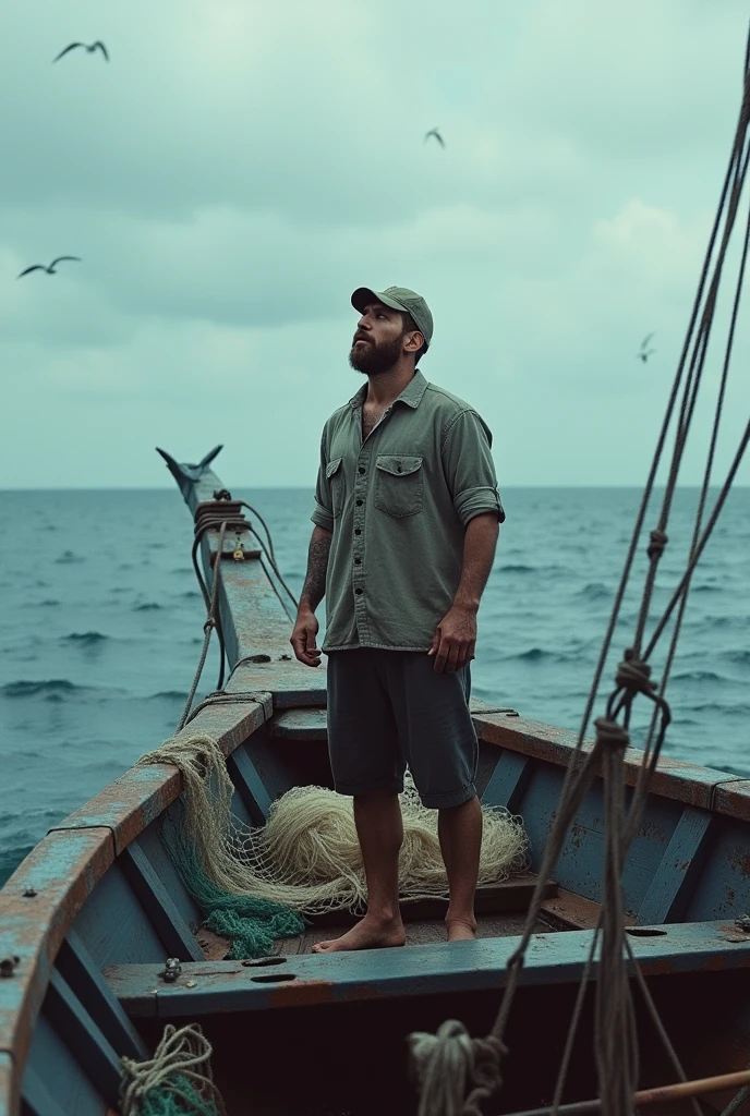 Messi as a poor fisher.fishing with a big boat in the middle of the sea.
