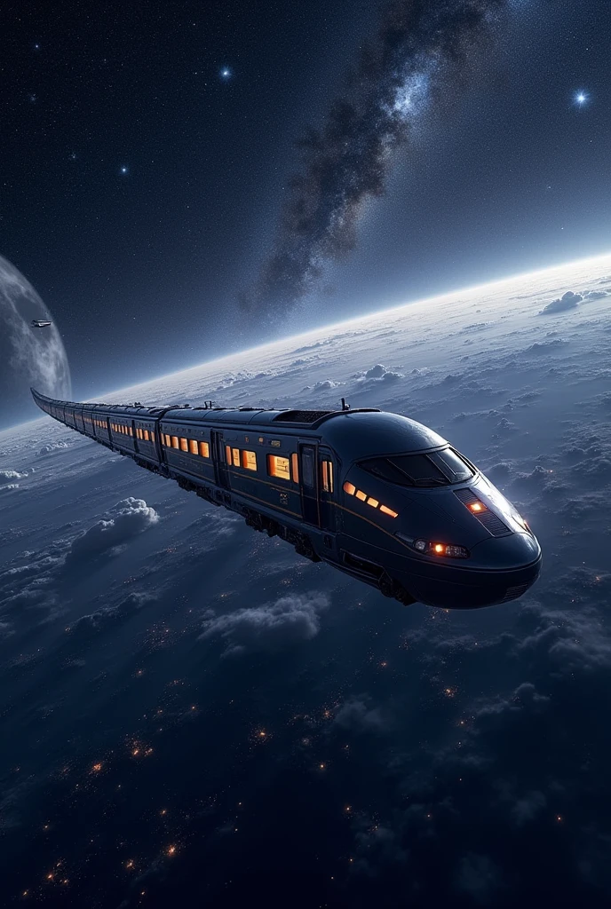 train-shaped spaceship,10-car train,(beautiful機体:2.0),(background is outer space and the Milky Way:1.6),masterpiece,best quality,Ultra-high resolution,(Very detailed),8K,Practical,Best aesthetics,beautiful,(Dynamic)