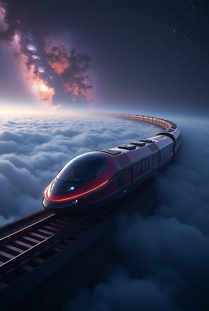 train-shaped spaceship,10-car train,(beautiful機体:2.0),(background is outer space and the Milky Way:1.6),masterpiece,best quality,Ultra-high resolution,(Very detailed),8K,Practical,Best aesthetics,beautiful,(Dynamic)