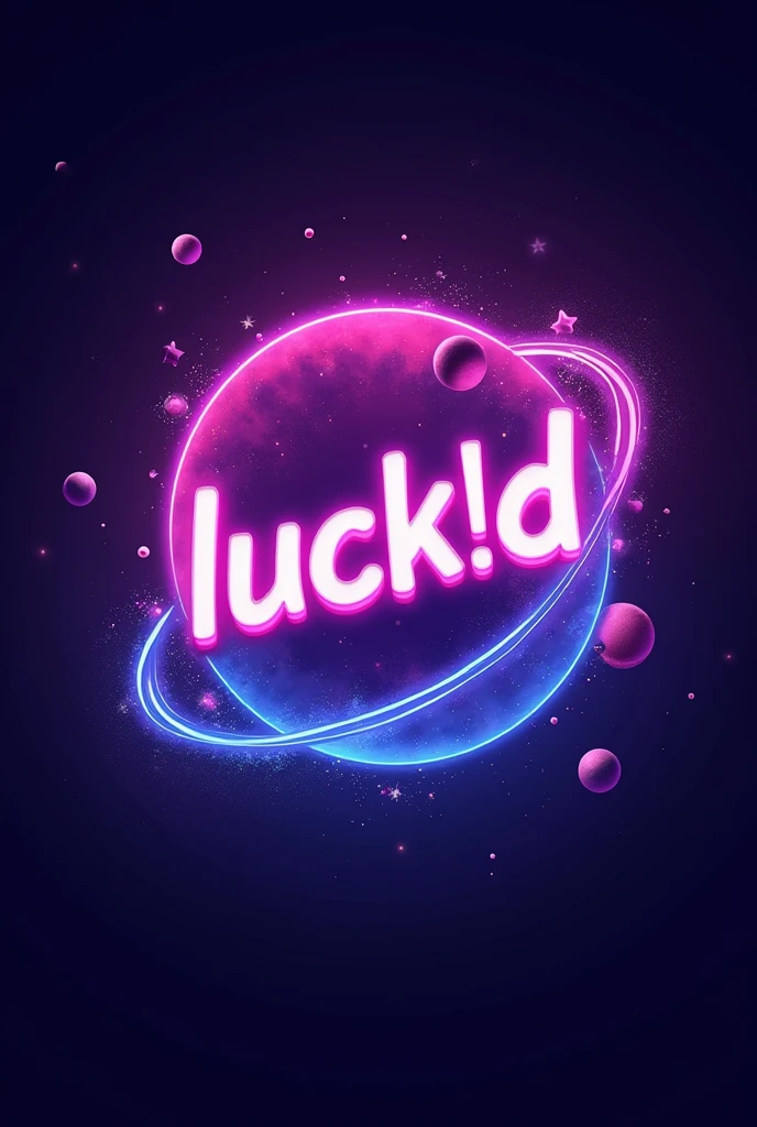 logo with name "luck!D" inside there are celestial elements and the color of the logo is neon purple mixed with sky blue and light pink