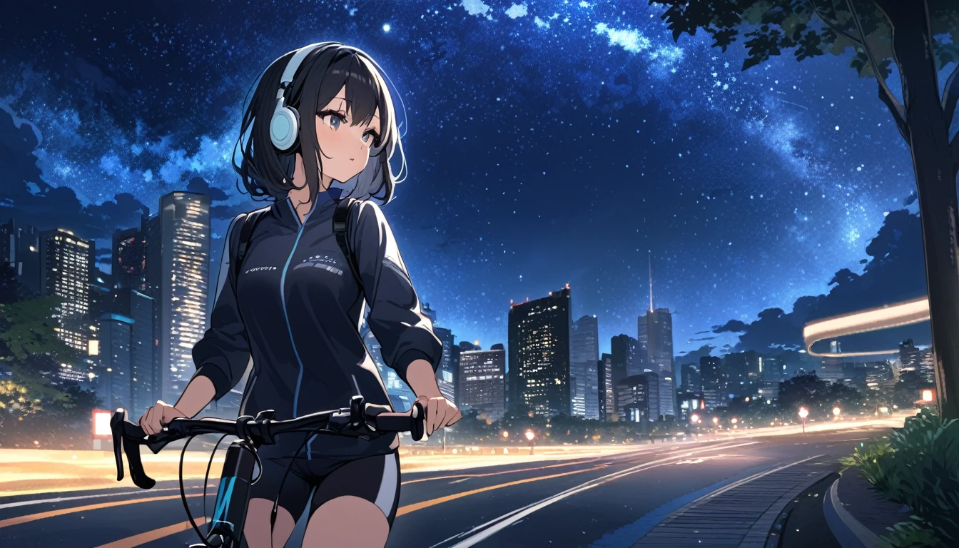a beautiful young japanese woman with long black hair cycling through a park in tokyo at night, starry night sky, cityscape, listening to music