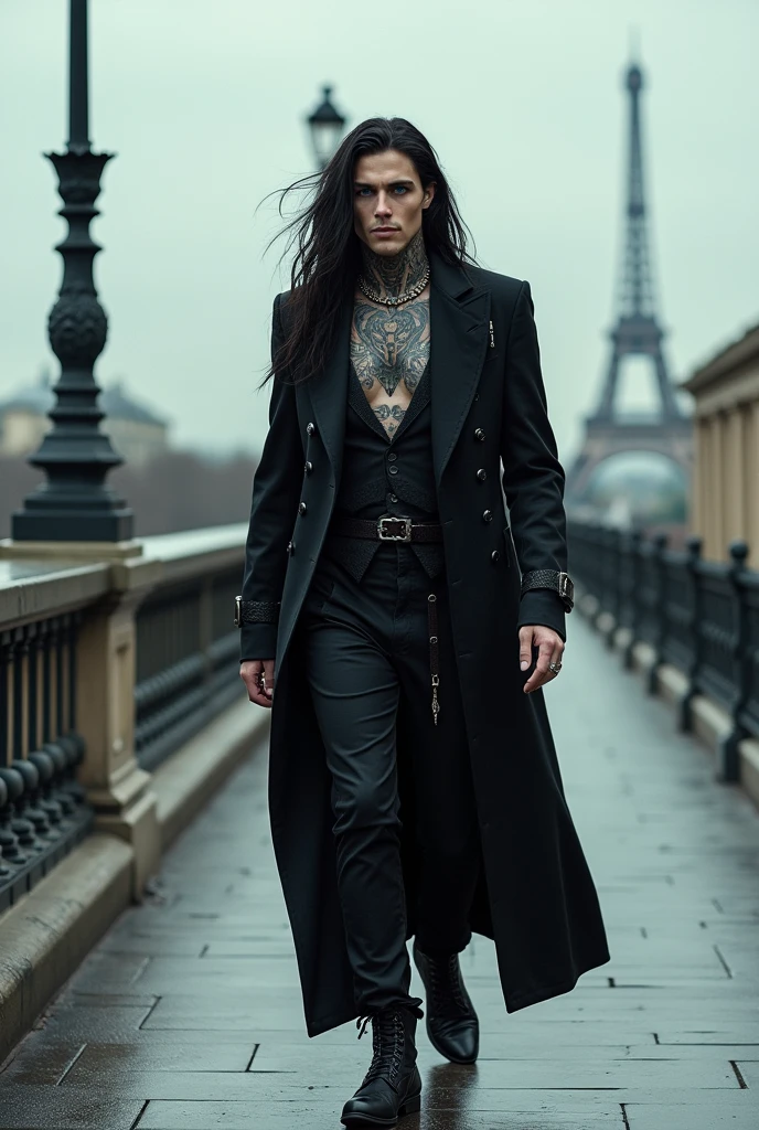 ((a man of 30, tatuados, very long black hair, wearing gothic victorian clothes, with blue eyes, similar to Andy Black from the band Black veil Brides)),((hyperheal)) posing like a model, ((no tattoo on face)). ((Full body walking on a bridge in Paris)).