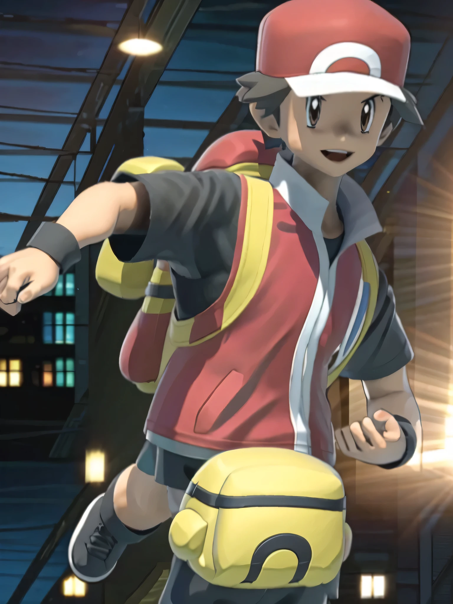 (masterpiece, best quality:1.2,ultra detailed,high resolution,zettai ryouiki),1boy,solo,red \(pokemon\),brown eyes,brown hair,backpack,hat,badge,black shirt,black wristband,jacket,short sleeves,looking at viewer,smile