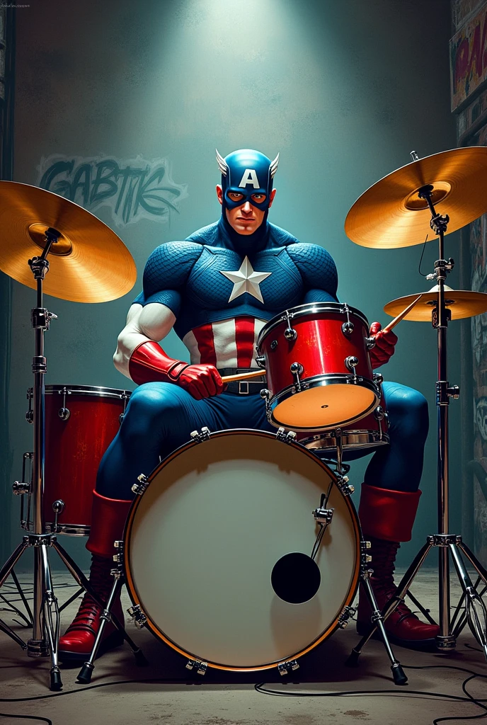 Captain America playing drums