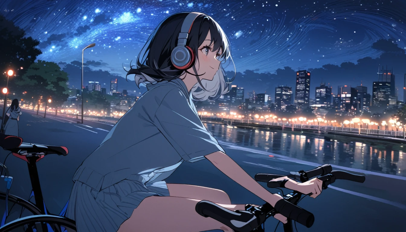 a beautiful young japanese woman with long black hair cycling through a park in tokyo at night, starry night sky, cityscape, listening to music