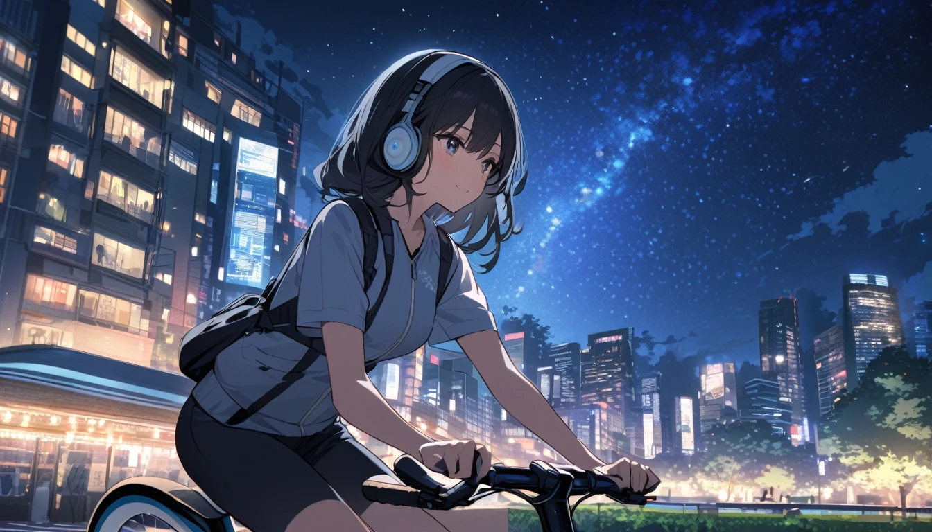 a beautiful young japanese woman with long black hair cycling through a park in tokyo at night, starry night sky, cityscape, listening to music