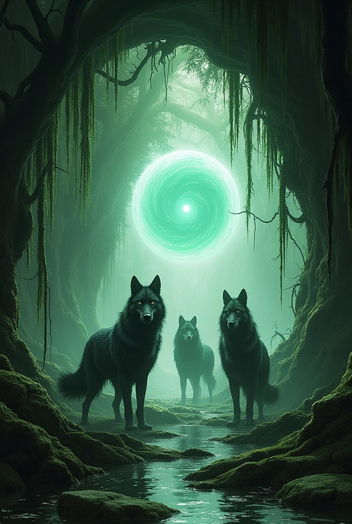create an image of a cave in a swamp, guarded and protected by wolfwomen where there is a portal to the spiritual world



