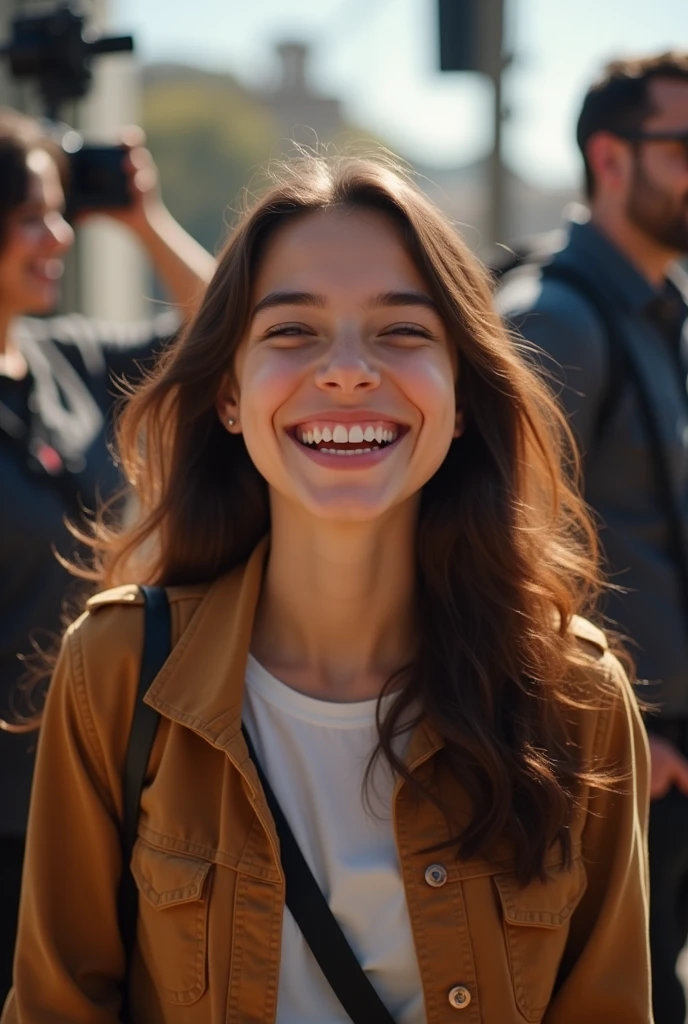 A 16-year-old Uruguayan girl named Melany, She is smiling very happily because it is represented in the image that she has just found out that she is going to be part of a series called “Puzzle” and that she will be the protagonist. He has light brown hair, brown eyes and fair skin. What I said about the series is represented in the image, maybe film production behind, etc