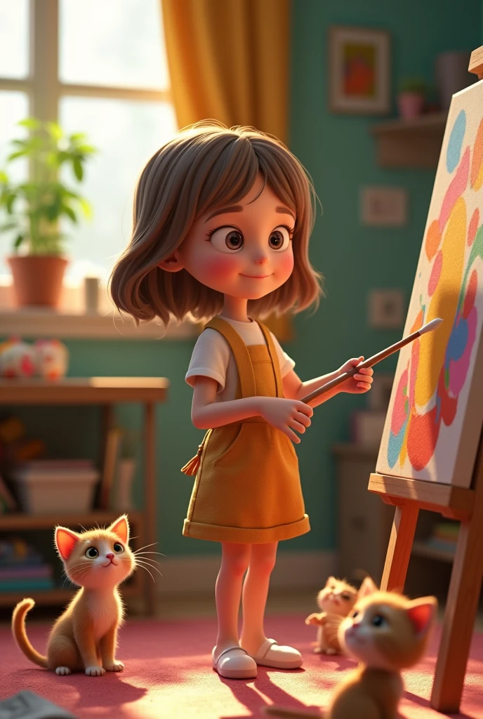 3d pixar style animation, 17 year old girl, artist, thin, fair skin, medium sized light brown hair, painting a canvas, surrounded by kittens in the room