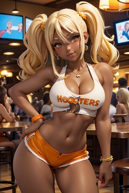 (masterpiece), best quality, expressive eyes, perfect face, front lighting, (inside sports bar restaurant background), (standing), (happy face), (cleavage view), (1girl, milf, Lucy Liu, kuro gyaru, gyaru, ganguro, dark skin, tan skin, tanned skin, tanned, tan, white-yellow hair, white-yellow hair, white-yellow hair, twin curly pigtails hairstyle, hazel eyes, hourglass figure, thin body, skinny body, petite_body, medium breasts, wide hips, thick thighs), (hooters uniform, hooters, white tanktop, orange shorts, jewelry, necklace, bracelets, earrings),