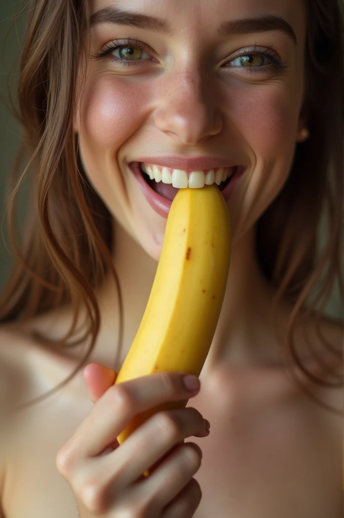 A girl nudes while eating banana