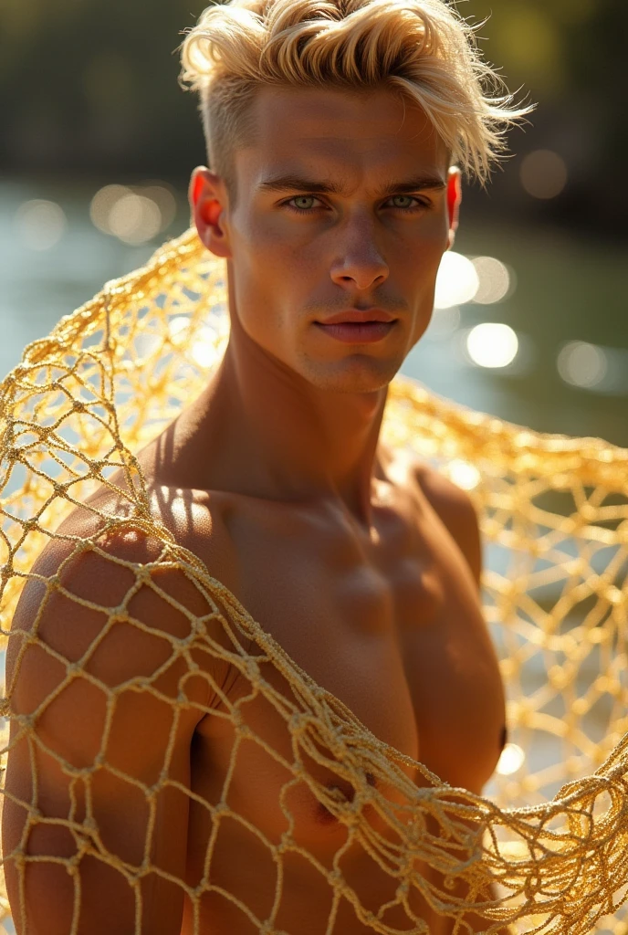 naked/fully naked handsome young man in his early twenties with short undercut blond hair in a gold fishing net