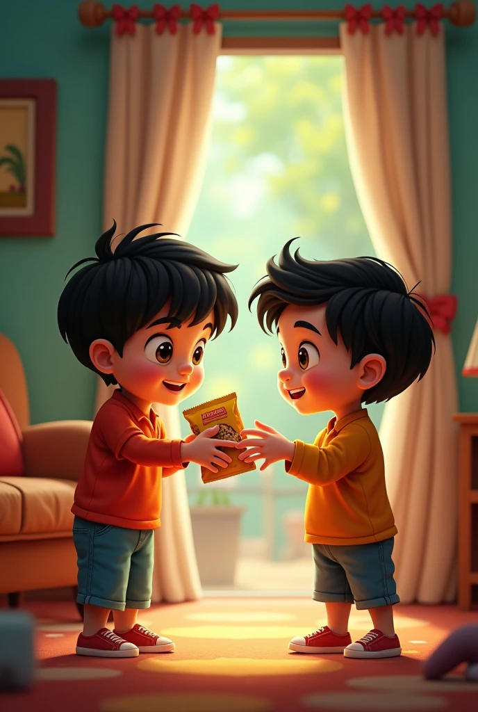Bunty gives his biscuit packet to Chintu and asks him to make it disappear.**
- "Bunty hands over a small biscuit packet to Chintu with curiosity, asking him to make it disappear using magic."
