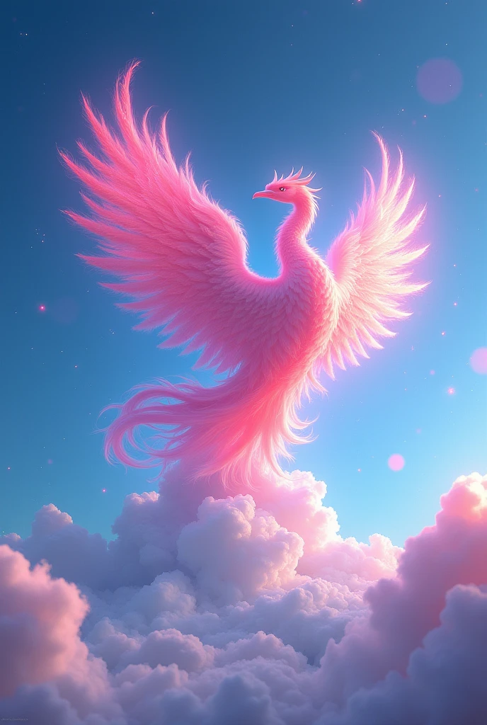 The blue sky has a pink-red cloud shaped like a phoenix surrounded by seven-colored light. 