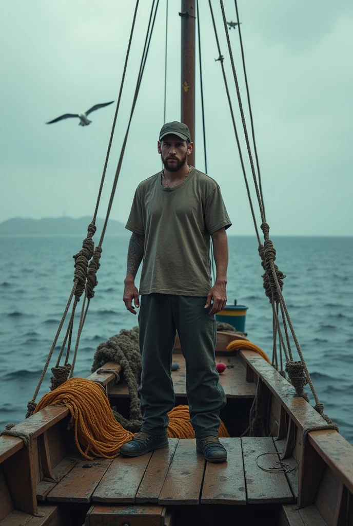 Messi as a poor fisher.fishing with a big boat in the middle of the sea.