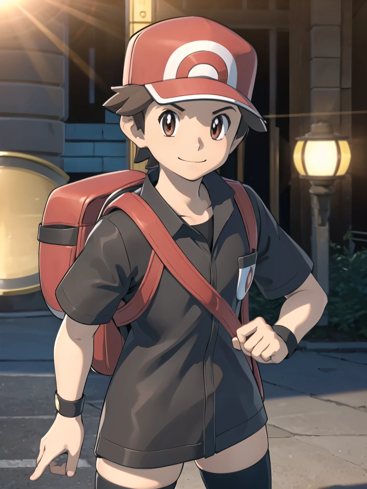 (masterpiece, best quality:1.2,ultra detailed,high resolution,zettai ryouiki),1boy,solo,red \(pokemon\),brown eyes,brown hair,backpack,hat,badge,black shirt,black wristband,jacket,short sleeves,looking at viewer,smile